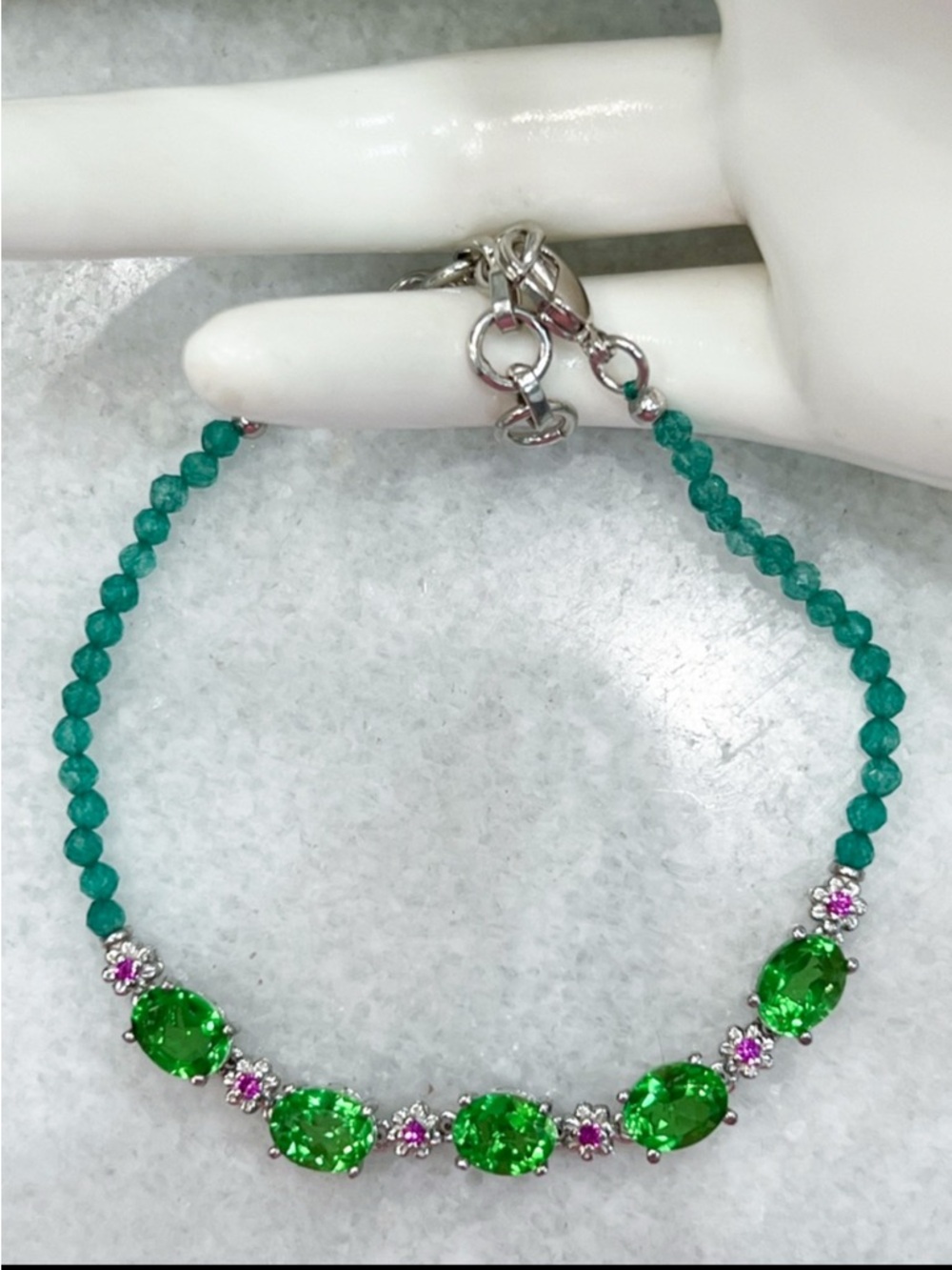 Chartreuse Quartz Multigemstone Silver Floral Bracelet 7.25”